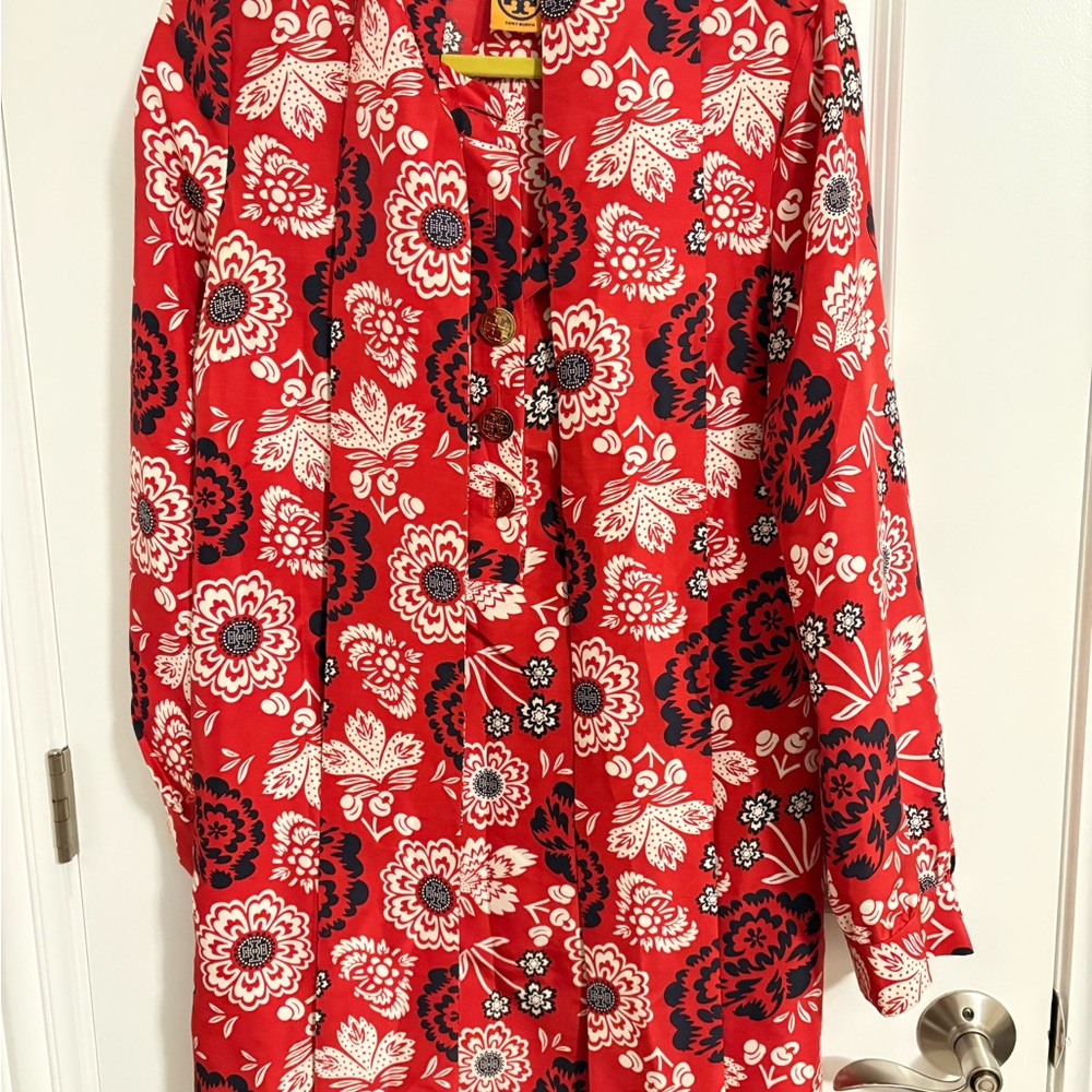 Tory Burch Red and Black Floral Silk Blouse